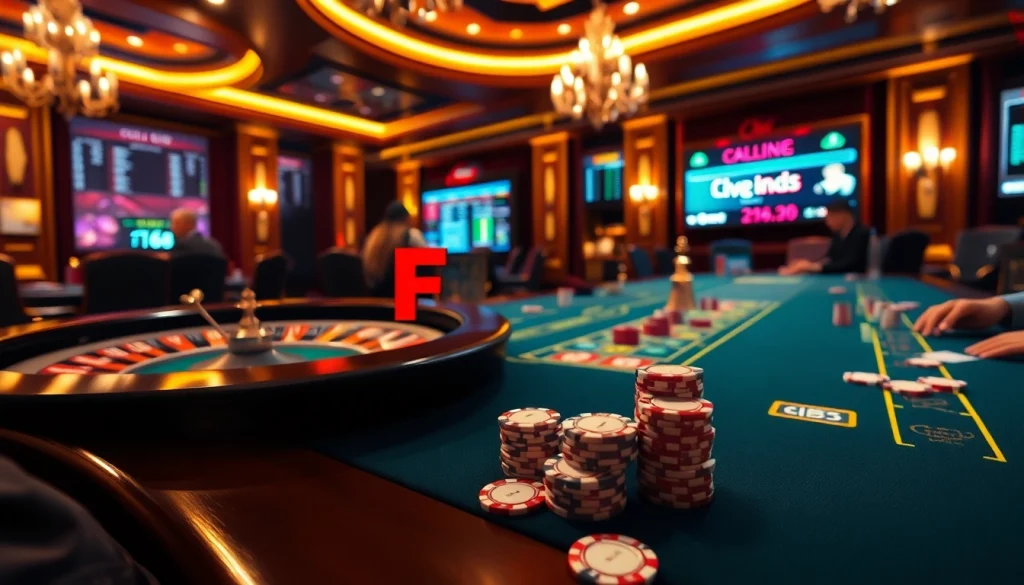 Players experiencing the thrill of F168 casino gaming with vibrant chips and a roulette wheel.