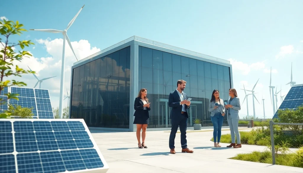 Futuristic bitcoin cloud mining facility powered by renewable energy, showcasing solar panels and wind turbines.