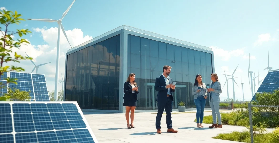 Futuristic bitcoin cloud mining facility powered by renewable energy, showcasing solar panels and wind turbines.