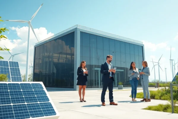 Futuristic bitcoin cloud mining facility powered by renewable energy, showcasing solar panels and wind turbines.