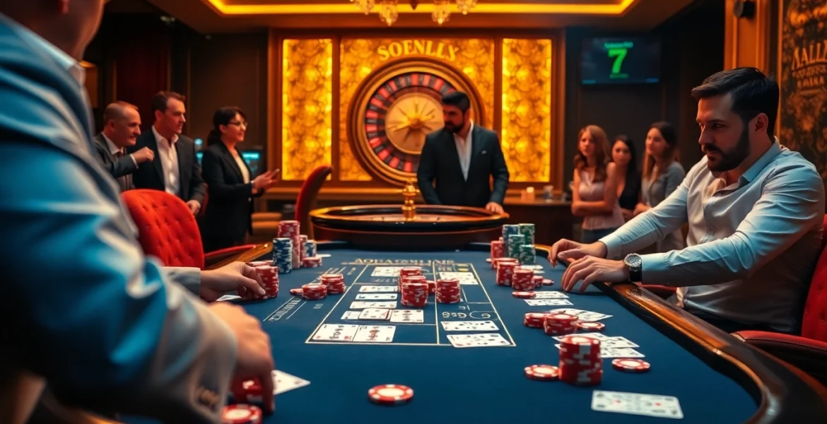Experience the thrill of betting at the 7m poker table in a luxurious casino setting.