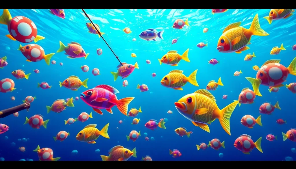 Exciting scene of game bắn cá đổi thưởng with colorful underwater fish and casino elements.