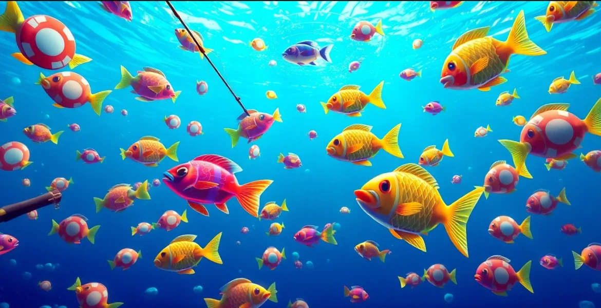 Exciting scene of game bắn cá đổi thưởng with colorful underwater fish and casino elements.