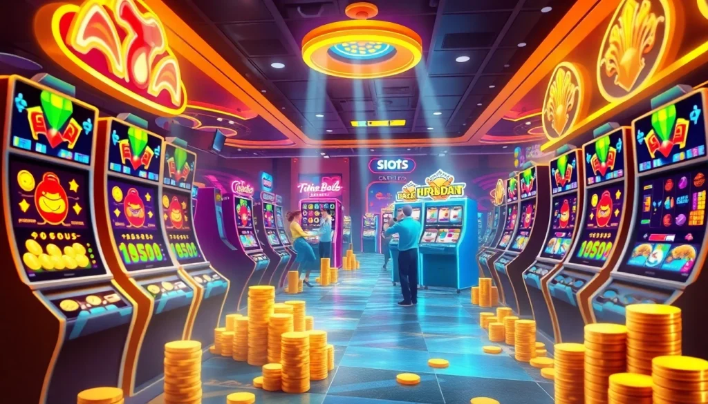 Engaging slot hoki online gaming scene with vibrant machines and joyful players.