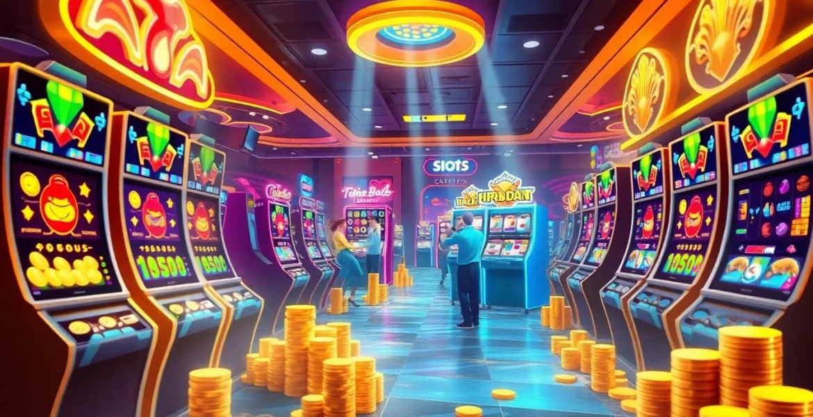 Engaging slot hoki online gaming scene with vibrant machines and joyful players.