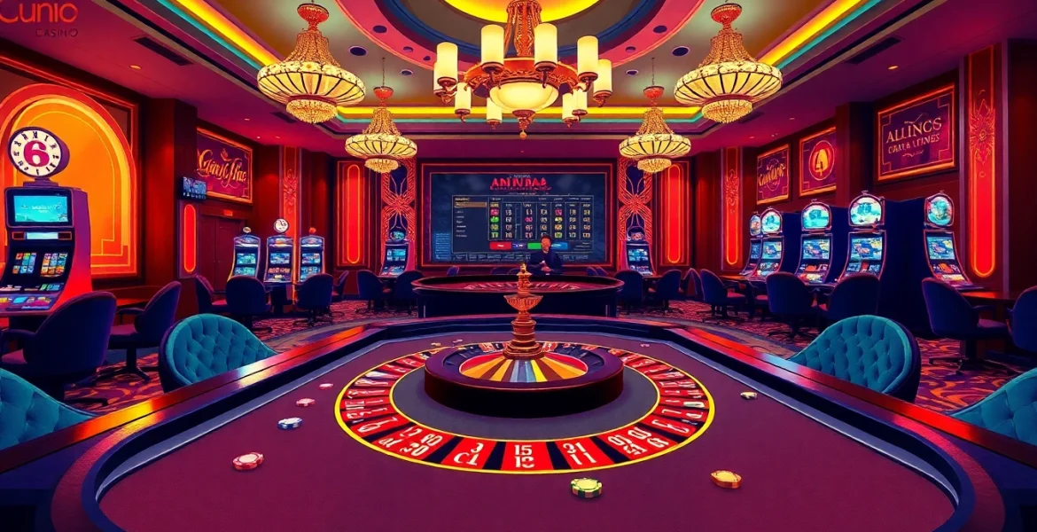 Engaging casino scene demonstrating "giải mã nhà cái" with roulette, poker chips, and a vibrant gambling atmosphere.