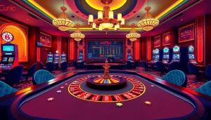 Engaging casino scene demonstrating "giải mã nhà cái" with roulette, poker chips, and a vibrant gambling atmosphere.