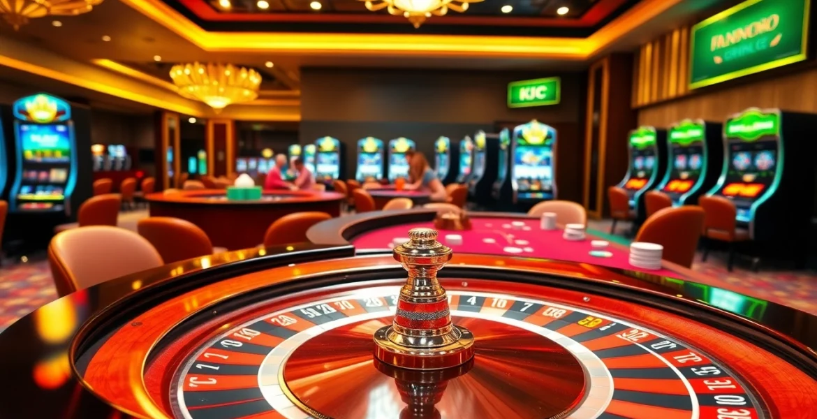 KJC players enjoying a vibrant casino scene filled with exciting poker tables and roulette wheels.