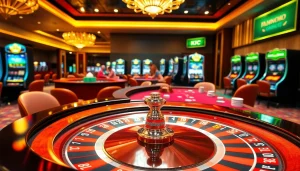 KJC players enjoying a vibrant casino scene filled with exciting poker tables and roulette wheels.