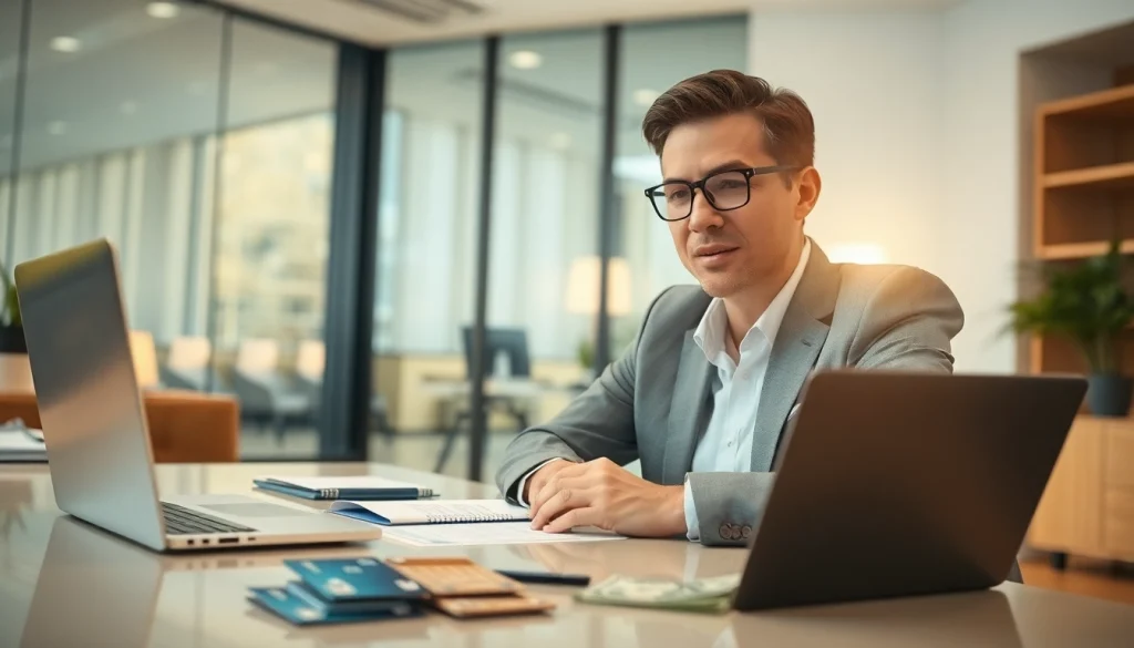 카드현금화를 위한 전문가가 상담하는 장면, 현대적인 사무실에서 현금 인출 옵션을 논의합니다.