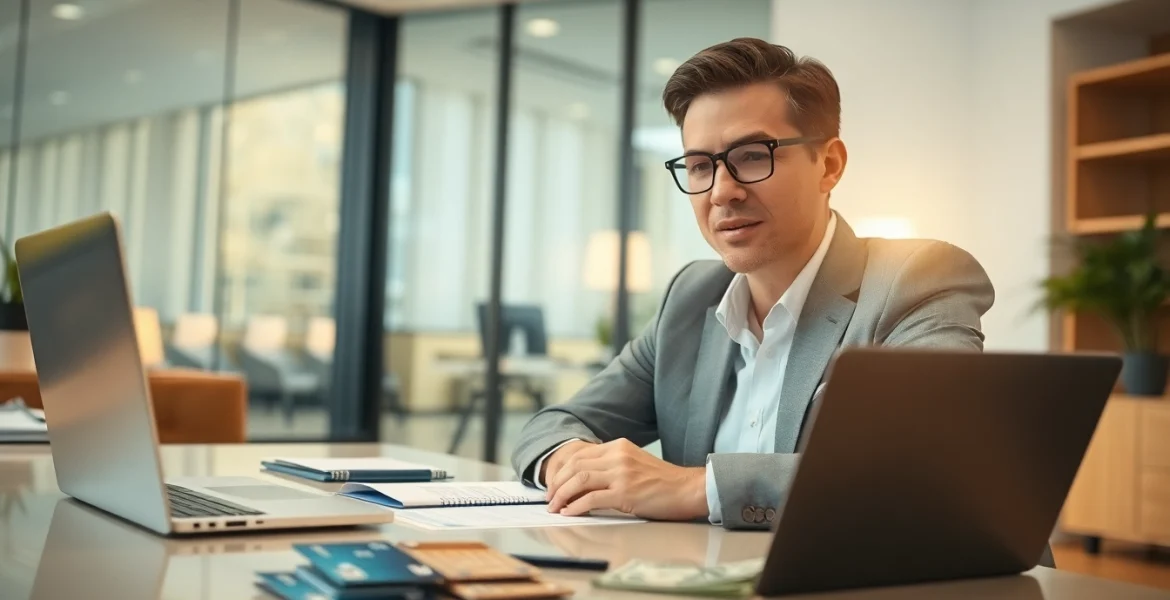 카드현금화를 위한 전문가가 상담하는 장면, 현대적인 사무실에서 현금 인출 옵션을 논의합니다.