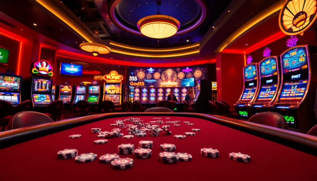 Experience thrilling play at god55 casino with vibrant tables, cards, and bright slot machines.