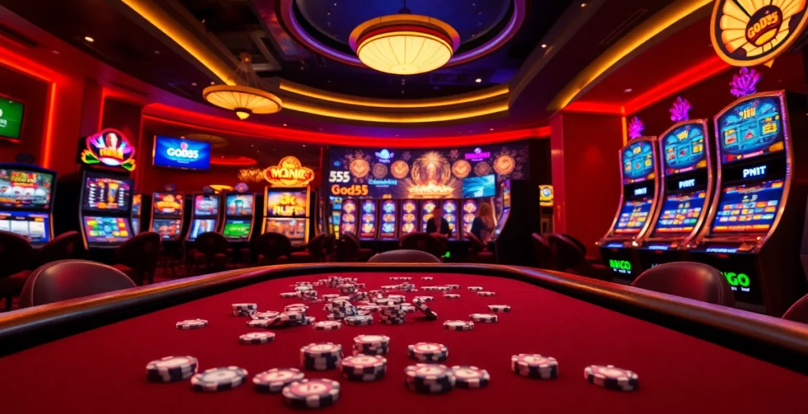 Experience thrilling play at god55 casino with vibrant tables, cards, and bright slot machines.