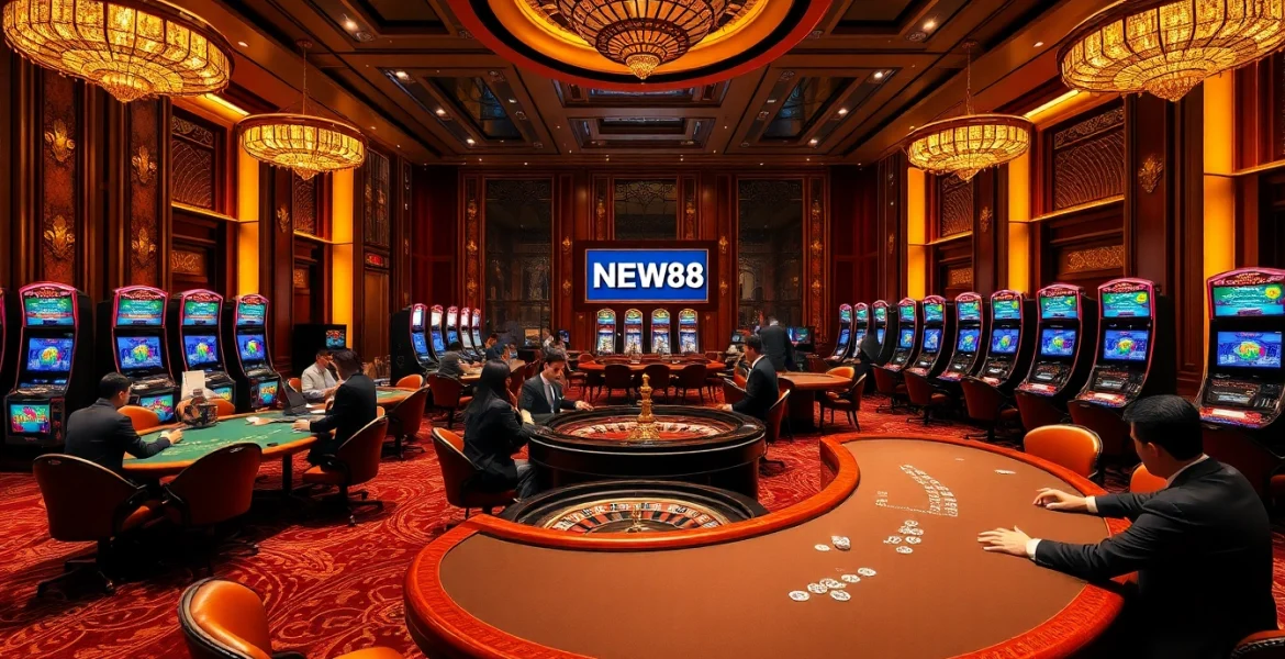 Experience the thrill of NEW88 with players at a roulette table in a luxurious casino setting.