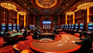 Experience the thrill of NEW88 with players at a roulette table in a luxurious casino setting.