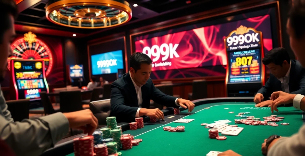 Players engaging in a high-stakes poker game at the luxurious 99OK casino.