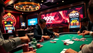 Players engaging in a high-stakes poker game at the luxurious 99OK casino.