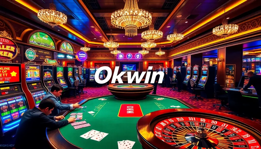Okwin users enjoying an exciting casino game with vibrant poker chips and tables.