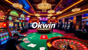 Okwin users enjoying an exciting casino game with vibrant poker chips and tables.