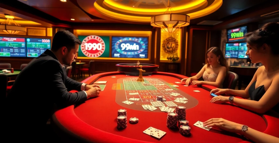 Players enjoying a thrilling game at 99win casino with luxurious ambiance and poker chips.