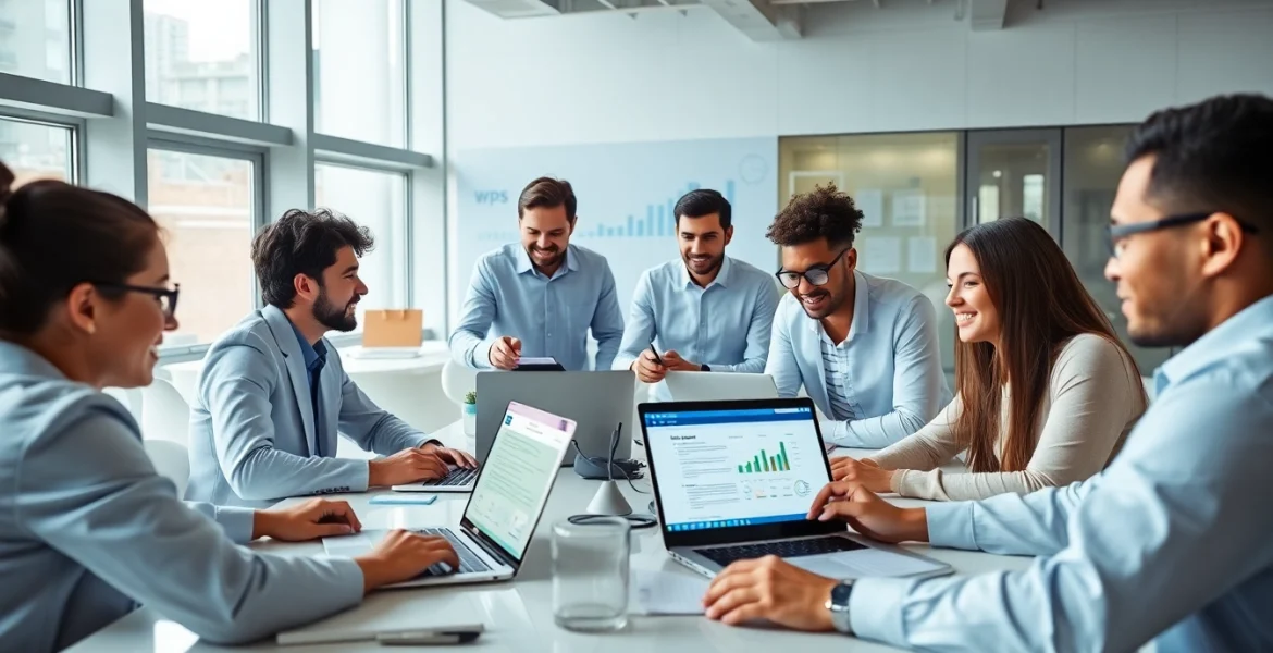 WPS官网下载 - Diverse professionals collaborating using WPS Office in a modern, efficient workspace.