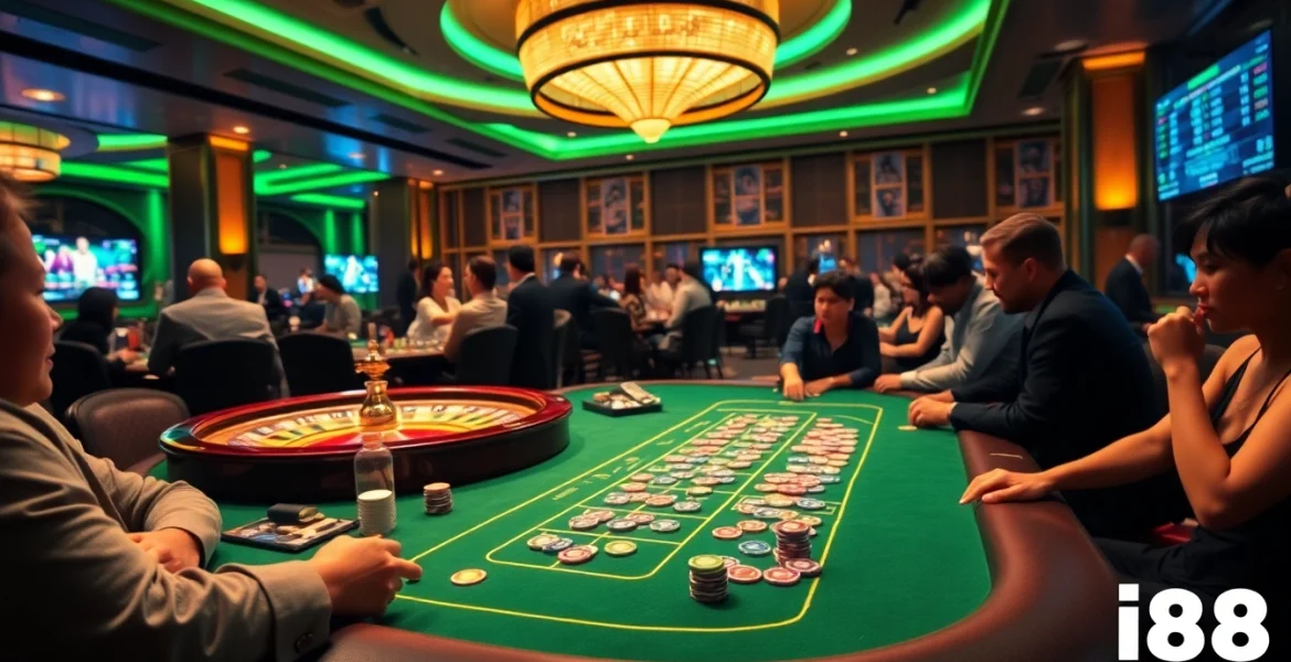Players enjoying an exciting poker game at UU88 casino with vibrant chips and cards.