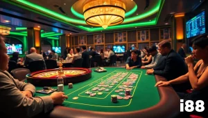 Players enjoying an exciting poker game at UU88 casino with vibrant chips and cards.