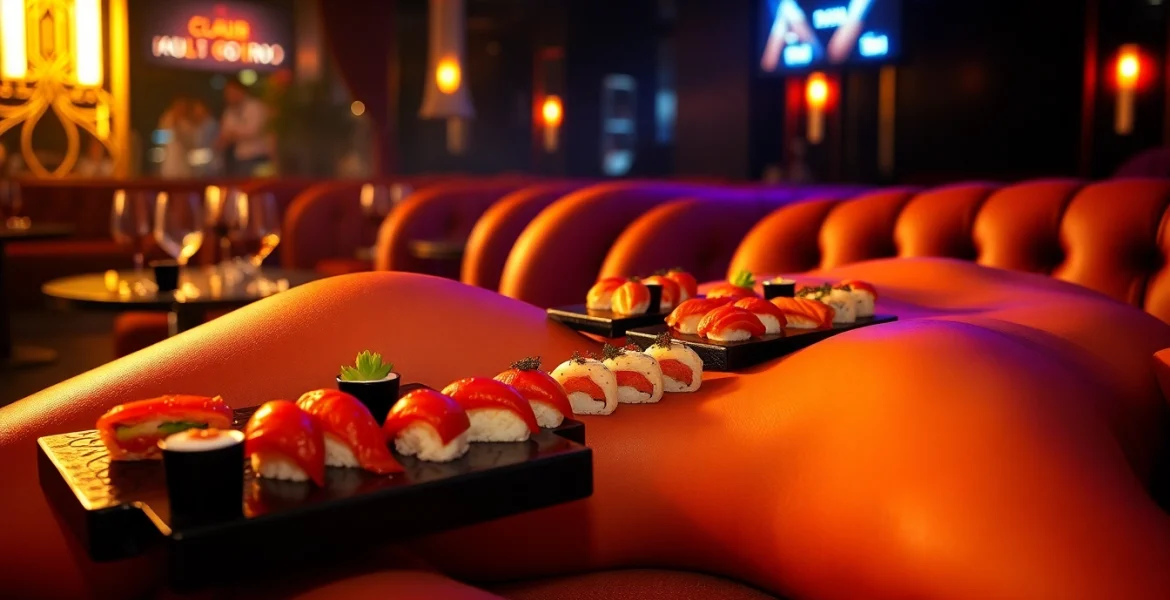 Body sushi elegantly served on a model’s body, showcasing luxury dining at Club Noir, St Martin.