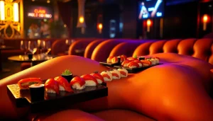 Body sushi elegantly served on a model’s body, showcasing luxury dining at Club Noir, St Martin.