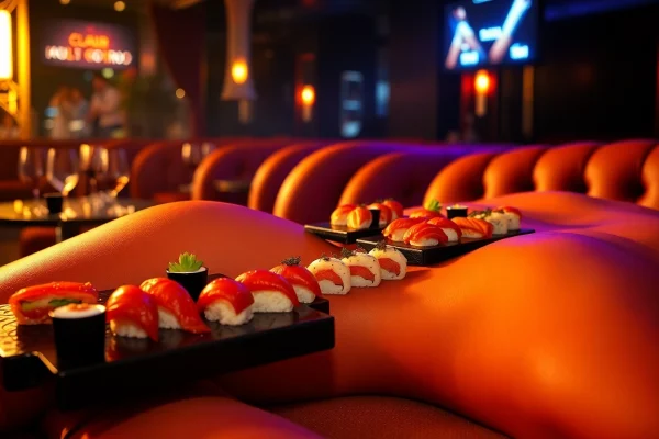Body sushi elegantly served on a model’s body, showcasing luxury dining at Club Noir, St Martin.