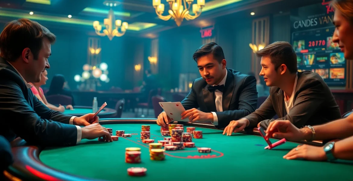 A thrilling casino atmosphere at gg 88 featuring a player engaged at a poker table surrounded by vibrant colors and excitement.