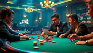 A thrilling casino atmosphere at gg 88 featuring a player engaged at a poker table surrounded by vibrant colors and excitement.