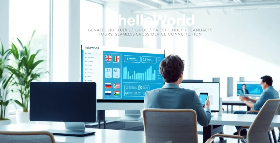 HelloWorld官网 interface showcasing seamless connectivity between devices and multilingual support in a professional workspace.