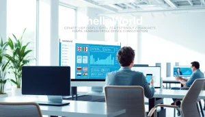 HelloWorld官网 interface showcasing seamless connectivity between devices and multilingual support in a professional workspace.