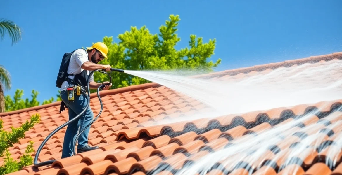 Roof cleaning in Kissimmee, Florida, showcasing professionals using soft wash techniques for a spotless finish.