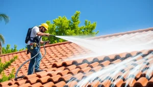 Roof cleaning in Kissimmee, Florida, showcasing professionals using soft wash techniques for a spotless finish.