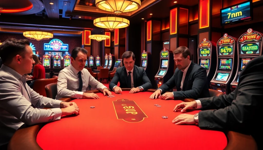 Players strategizing at a poker table with vibrant 7m branding in a luxurious casino setting.