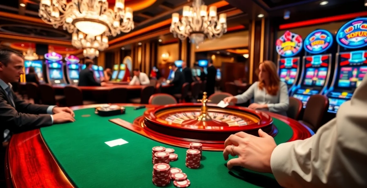 K88 - Engage in a thrilling Texas Hold'em game at a luxurious casino with vibrant lighting and elegant decor.