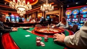 K88 - Engage in a thrilling Texas Hold'em game at a luxurious casino with vibrant lighting and elegant decor.