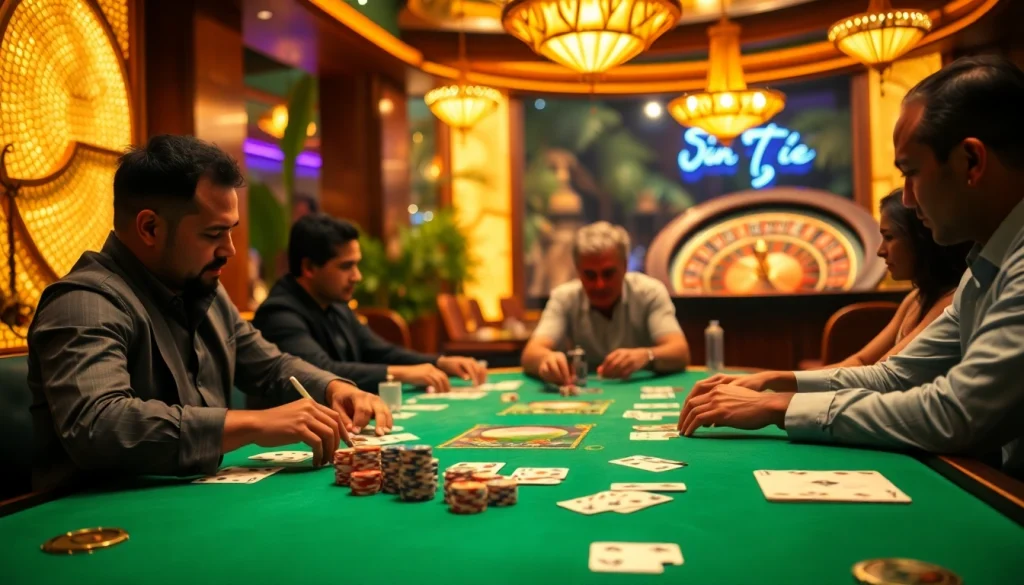 Players enjoying a thrilling casino game in a vibrant Rio atmosphere with poker tables and chips.