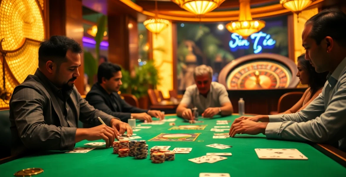 Players enjoying a thrilling casino game in a vibrant Rio atmosphere with poker tables and chips.