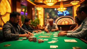 Players enjoying a thrilling casino game in a vibrant Rio atmosphere with poker tables and chips.