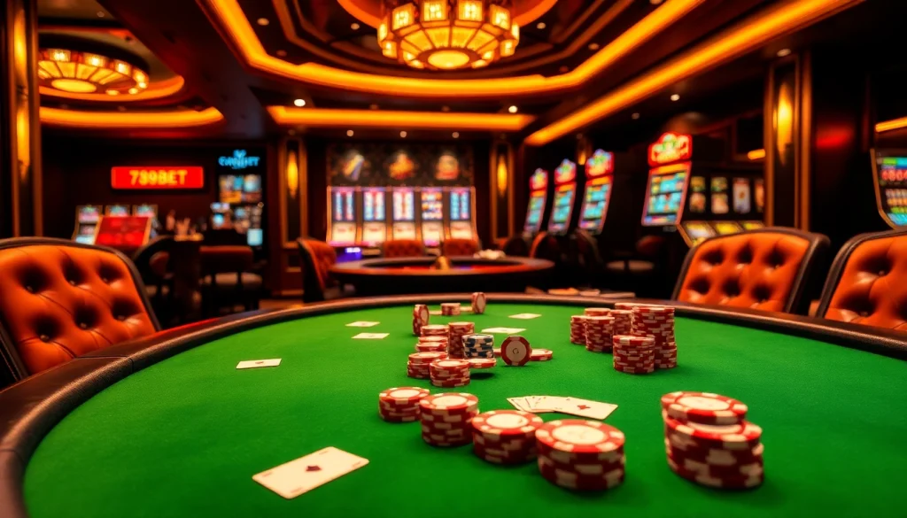 Experience the excitement of poker at 789BET casino with vibrant chips and cards.
