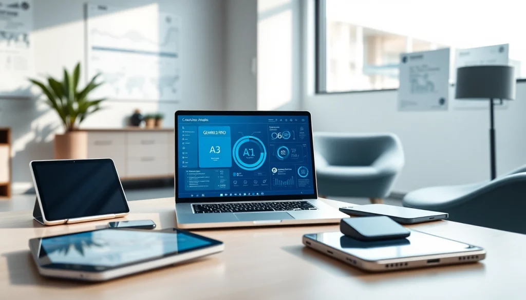 Dynamic workspace illustrating the Gemini 3 Pro AI model in action with modern tech gadgets.