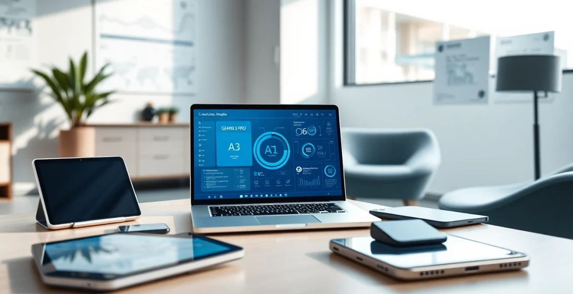 Dynamic workspace illustrating the Gemini 3 Pro AI model in action with modern tech gadgets.