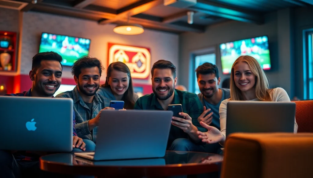 Engaging individuals participating in online sports betting California in a lively and tech-savvy setting.