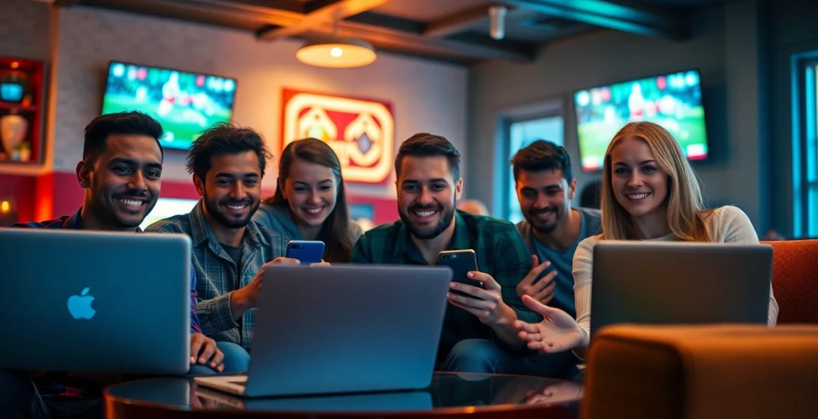 Engaging individuals participating in online sports betting California in a lively and tech-savvy setting.