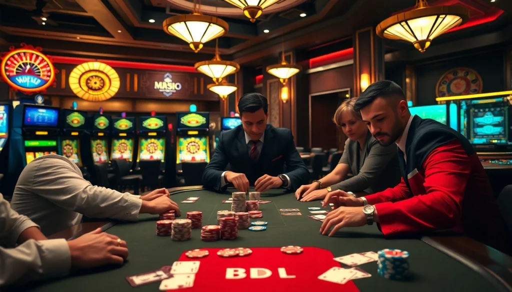 Engaged players at a luxurious BDJL casino poker table surrounded by vibrant slot machines.