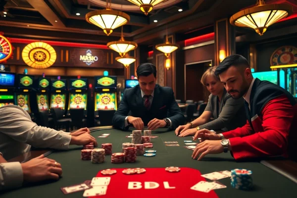 Engaged players at a luxurious BDJL casino poker table surrounded by vibrant slot machines.