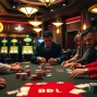 Engaged players at a luxurious BDJL casino poker table surrounded by vibrant slot machines.